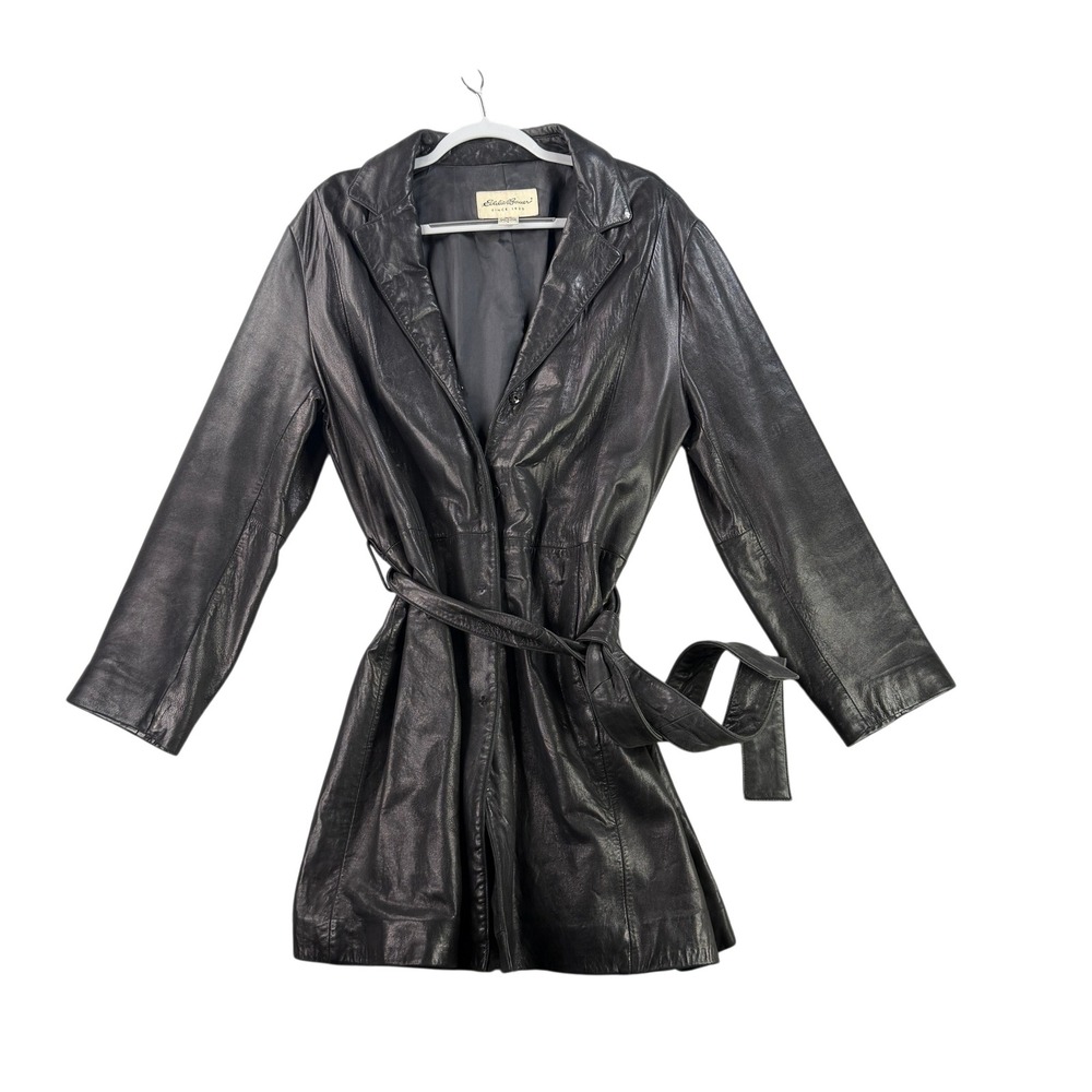 Eddie Bauer Trench Coat Womens L Black Lambskin Leather Belted Long Jacket 9949